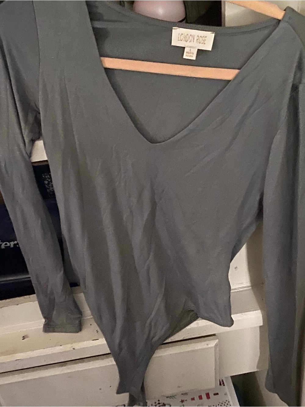 Gray V-Neck Long-Sleeve Bodysuit